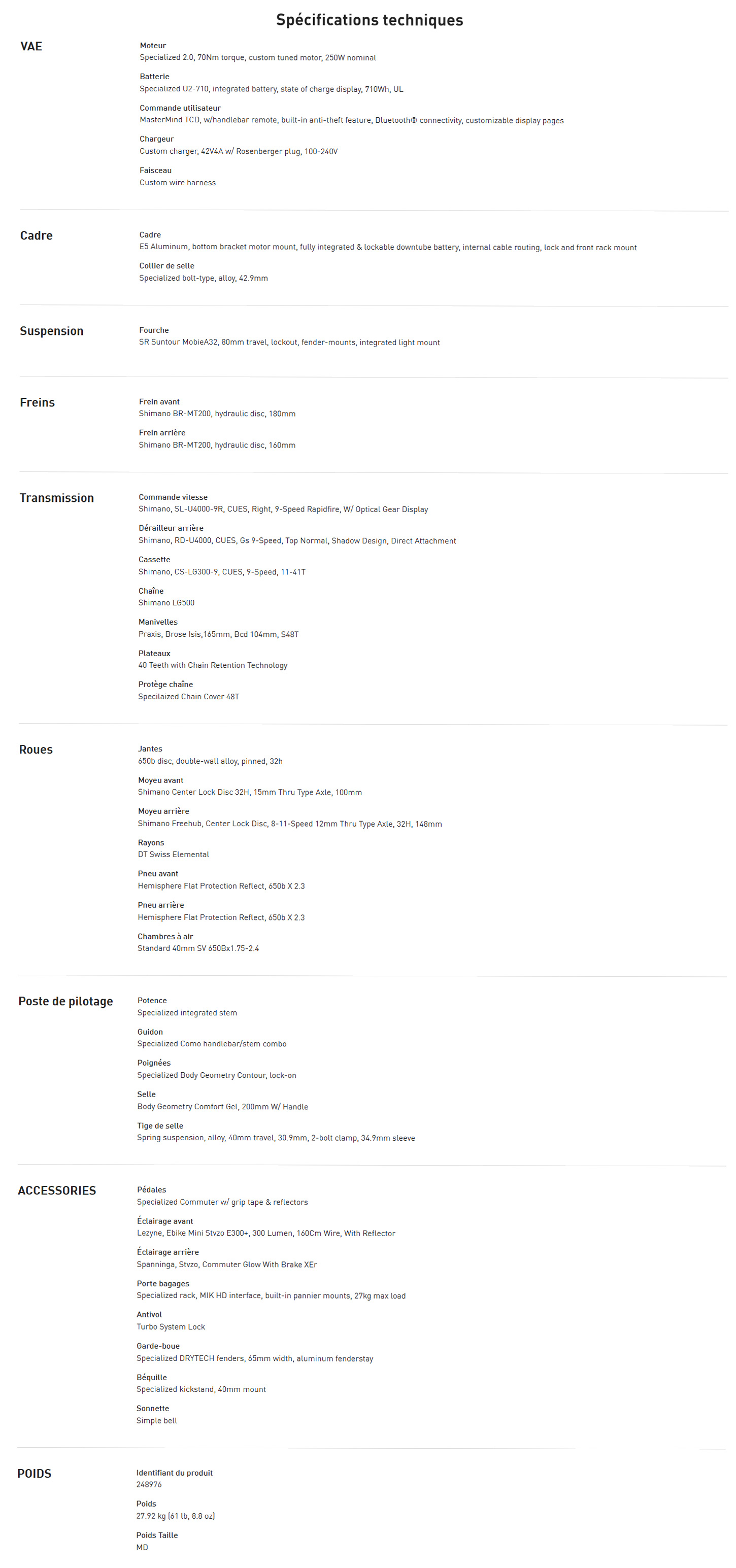 Caracteristique technique du vélo électrique Turbo Como 4.0 année 2026